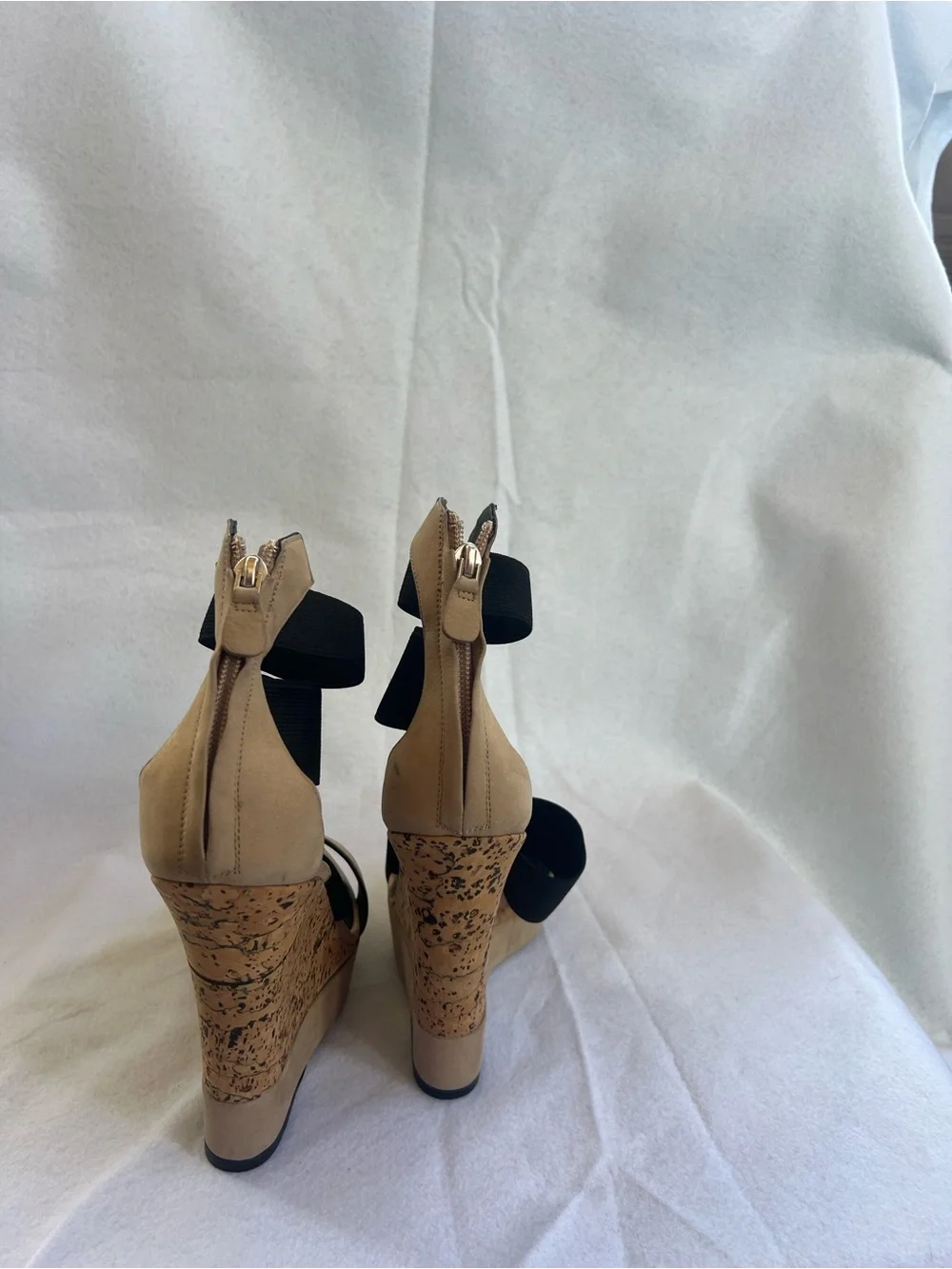 Donna Karan Beige and Black Cork Wedge Sandal
